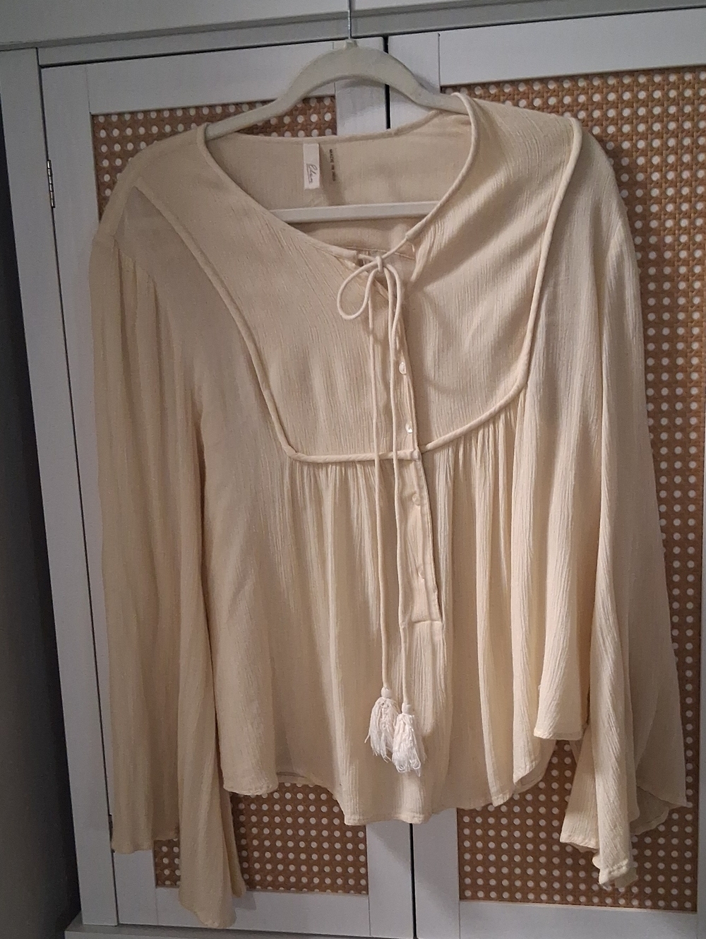 Elan Cream Tie-Front Boho Peasant Tunic